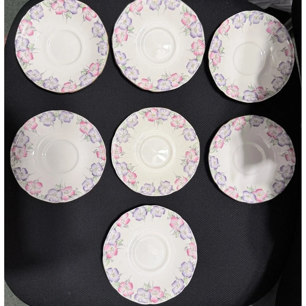 Paragon Fine Bone China Saucers Set 7 Pink Purple Floral A1806 England Vintage